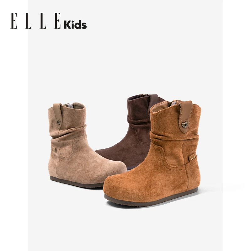 ELLEkids童靴 真皮女童牛仔靴2025秋冬新款小女孩堆堆靴儿童靴子