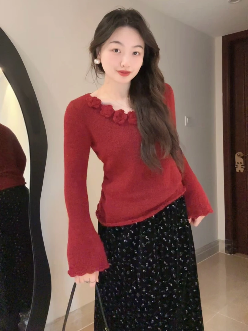 something叁熏 花朵镂空毛针织衫气质温柔小众法式开衫红色甜美