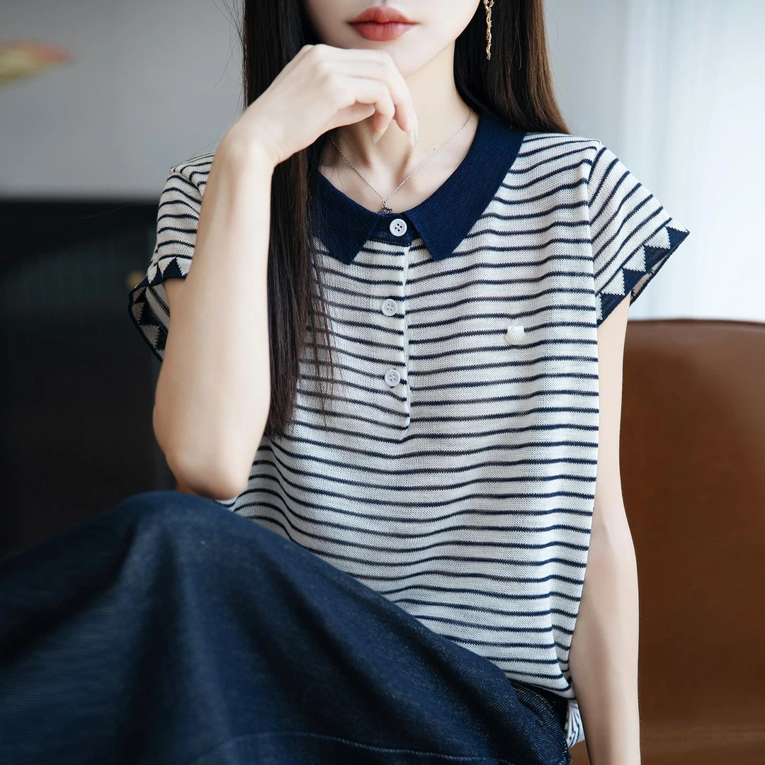 杜拉妮撞色条纹冰丝POLO领小飞袖T恤女2025气质翻领宽松薄款上衣