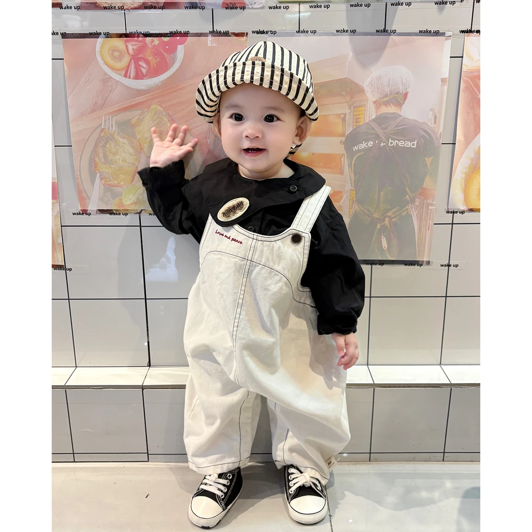 MK&UR.BV男女宝宝洋气字母分体套装秋季婴幼儿衣服上衣背带裤两件