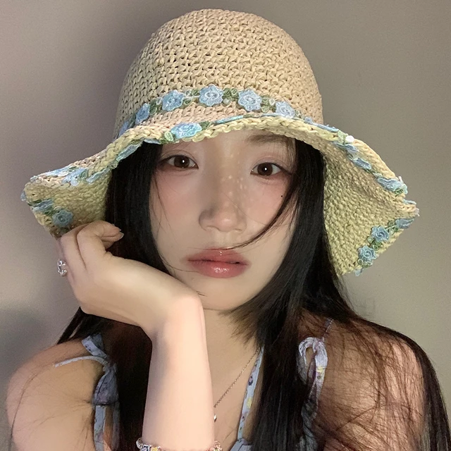 花朵草编渔夫帽女夏透气大帽檐遮阳防晒太阳帽子可折叠显脸小草帽