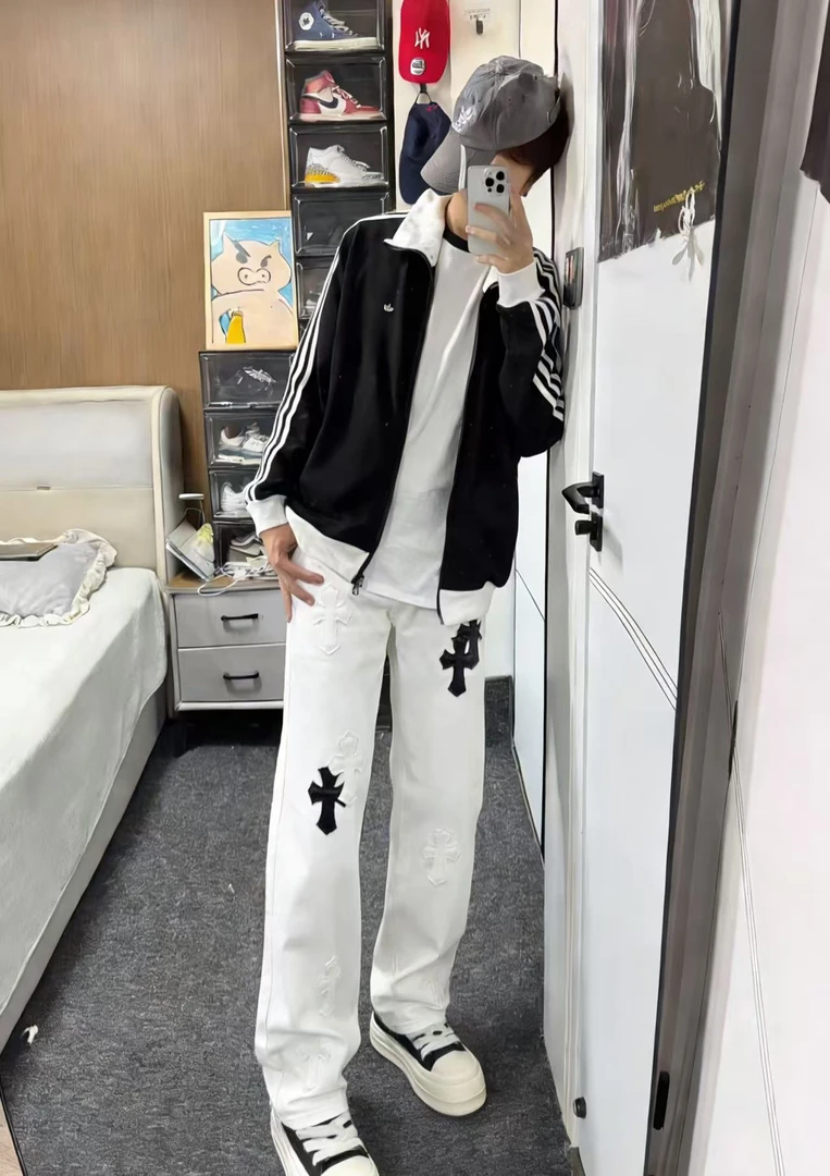 【燃系】轻奢十字架牛仔裤男女秋季高街情侣潮牌痞帅白色直筒裤