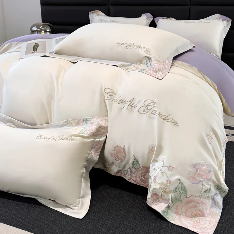 高档花卉刺绣160支全棉四件套轻奢少女心被套床单100纯棉床上用品