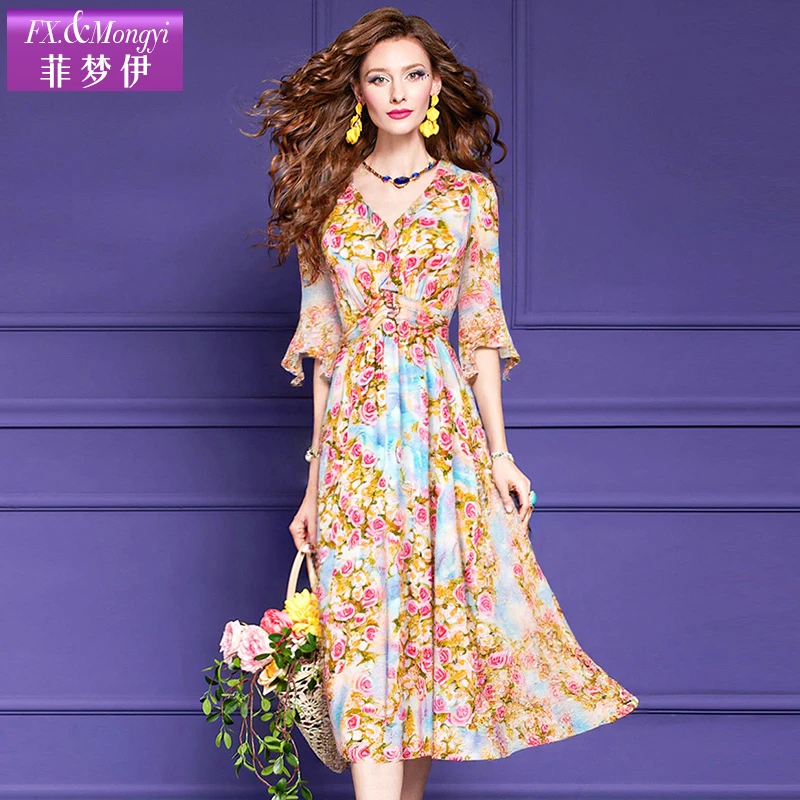 菲梦伊春季新款100%桑蚕丝时尚收腰显瘦修身连衣裙62961