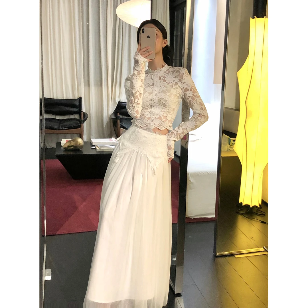 从一时刻【花上翎】古典弹力蕾丝上衣网纱半身裙两件套CY-S25328