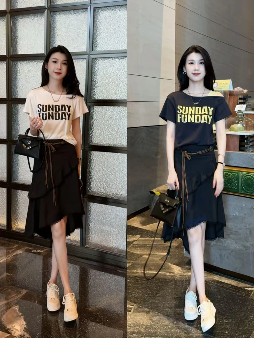 2025夏季新款时尚休闲气质T恤上衣+云裳叠雪半身裙套装