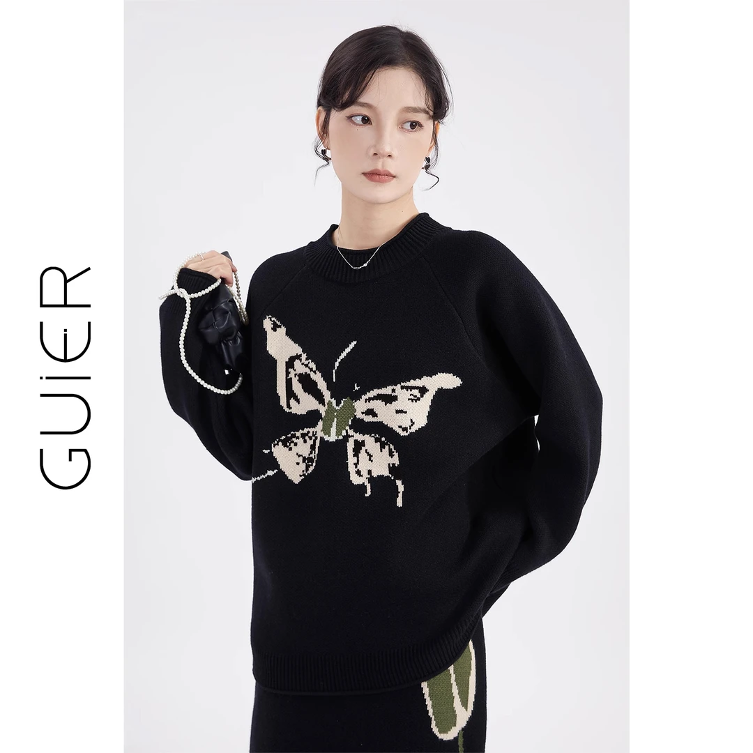GUIER/桂儿提花刺绣黑色针织衫女高腰开叉半身裙套装两件套G2072
