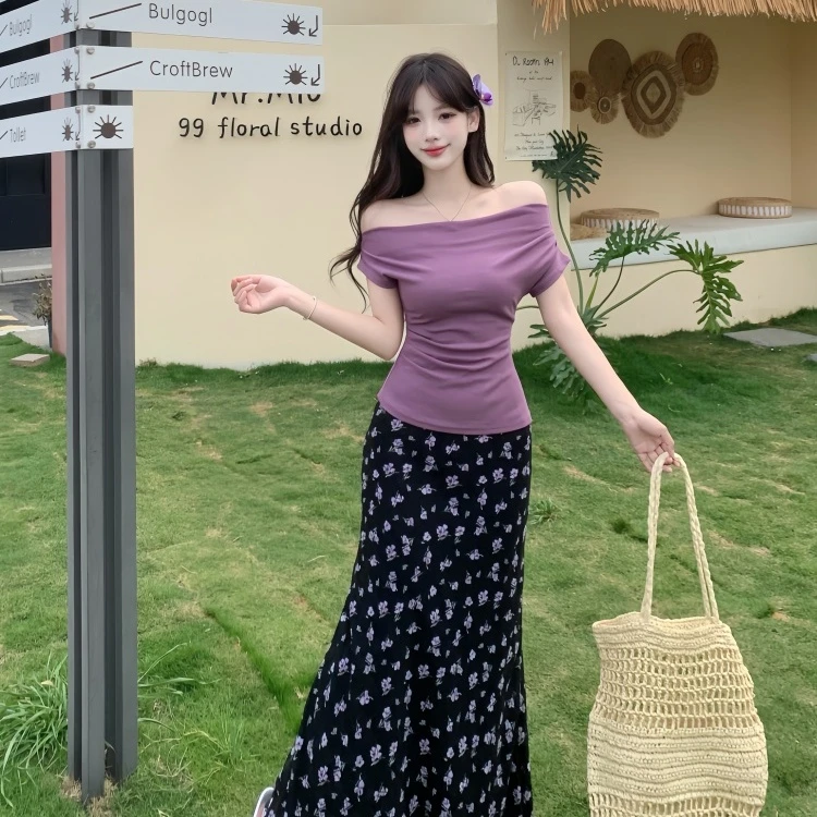 一字肩修身显瘦胖mm短袖T恤高腰碎花半身裙2025夏季时尚套装