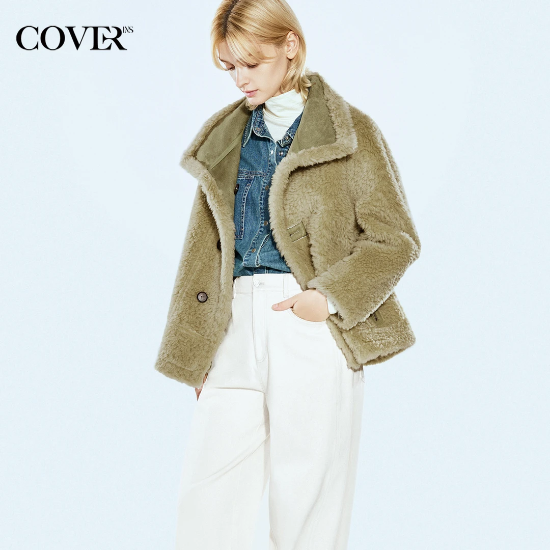 COVERINS冬季复古大翻领机车风两面可穿毛呢外套