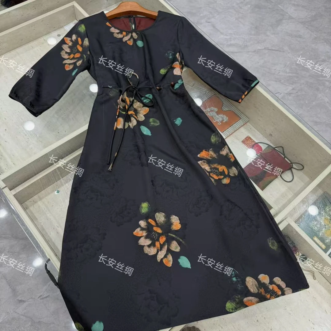 【长安】新中式复古国风宽松提花绸缎连衣裙FY48601