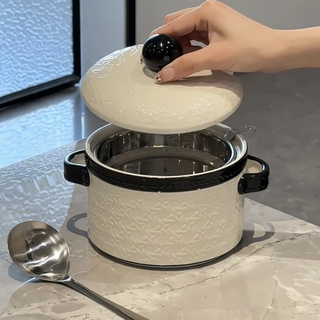 高级的猪油罐黑白风耐高温陶瓷调味瓶罐带盖带滤网大容量辣椒油罐