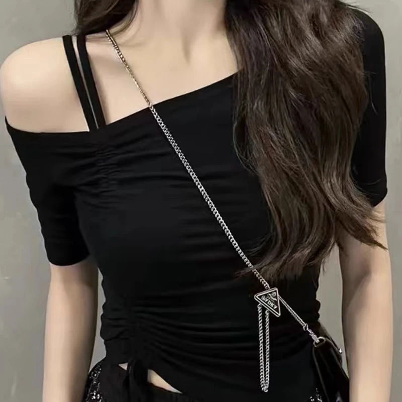 褶皱短袖通勤常规款黑色短款T恤高腰百搭显瘦修身辣妹露肩设计感