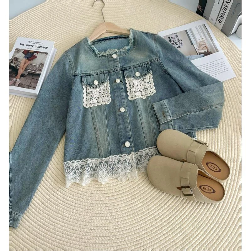 玲姐定制-设计感毛边牛仔短外套蕾丝拼接无口袋上衣33436