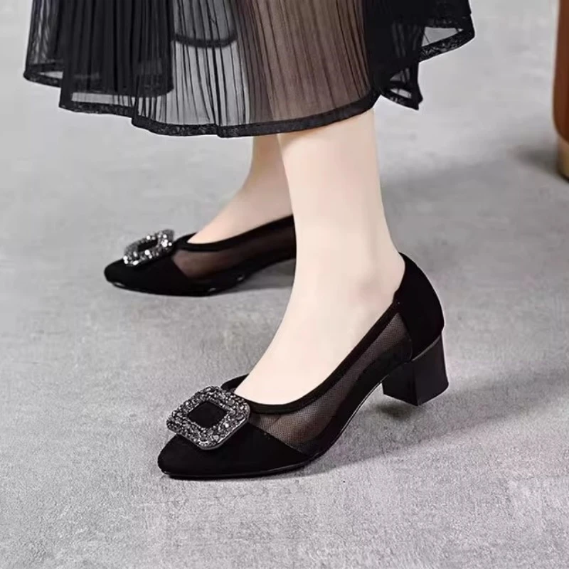 网纱单鞋女2025新款透气尖头粗跟小皮鞋女春夏镂空时尚平底凉鞋