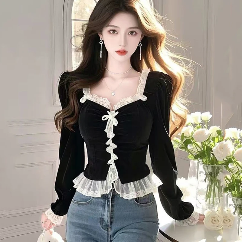 今年流行漂亮韩系高级感黑色丝绒衬衫女春季内搭超好看小众不撞款