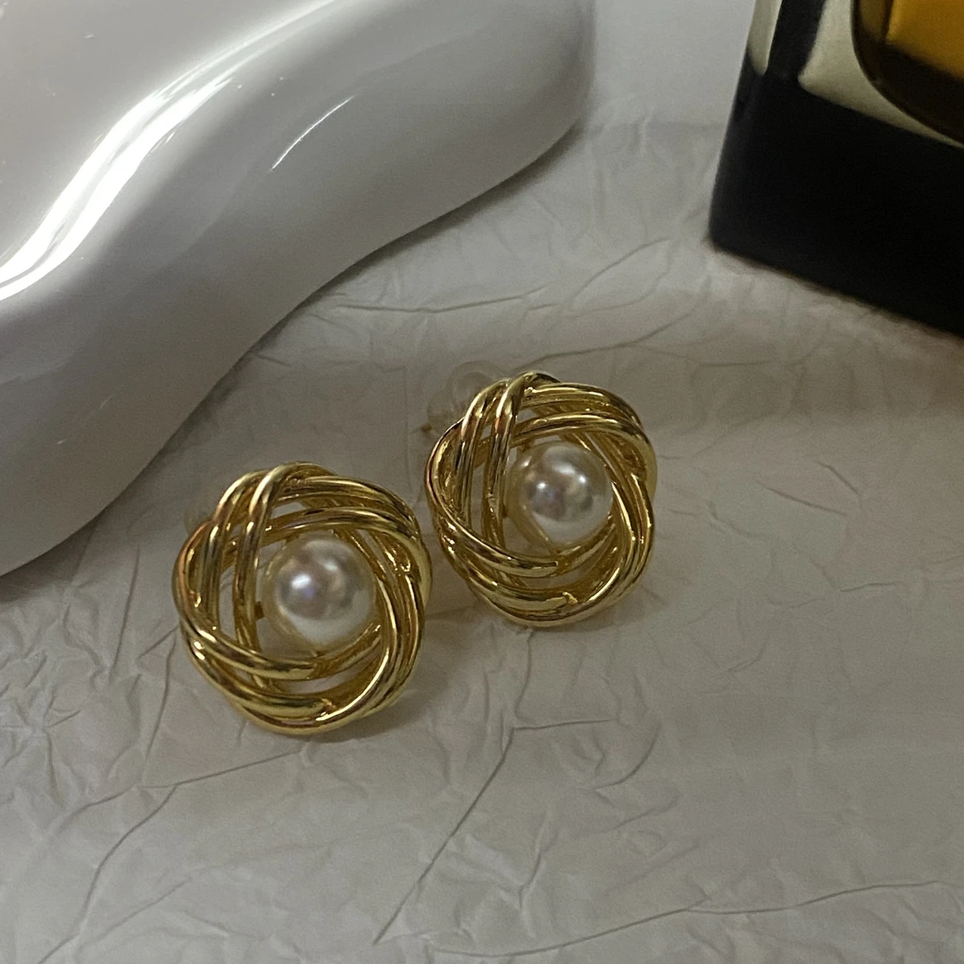 925银仿珍珠耳饰 「金缕缠珠」秋冬金色日韩耳钉百搭轻奢耳钉简约