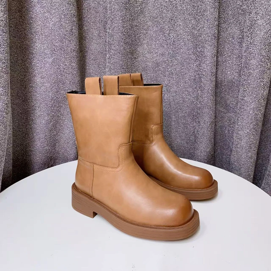 C1835 棕色绒里 时尚粗跟圆头真皮中筒靴 骑士靴