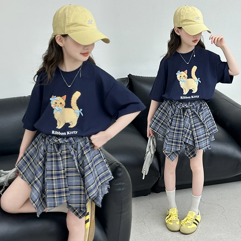 女童套装2025新款儿童韩版卡通短袖上衣女大童不规则格子裙两件套