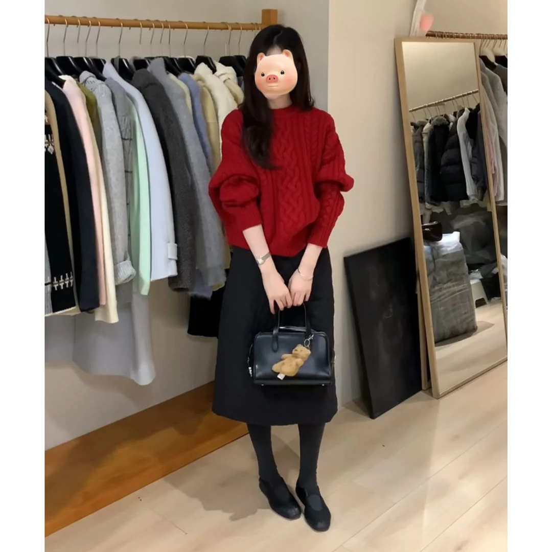 圣诞节新年过年红色套头麻花毛衣女秋冬加厚保暖慵懒风针织衫上衣