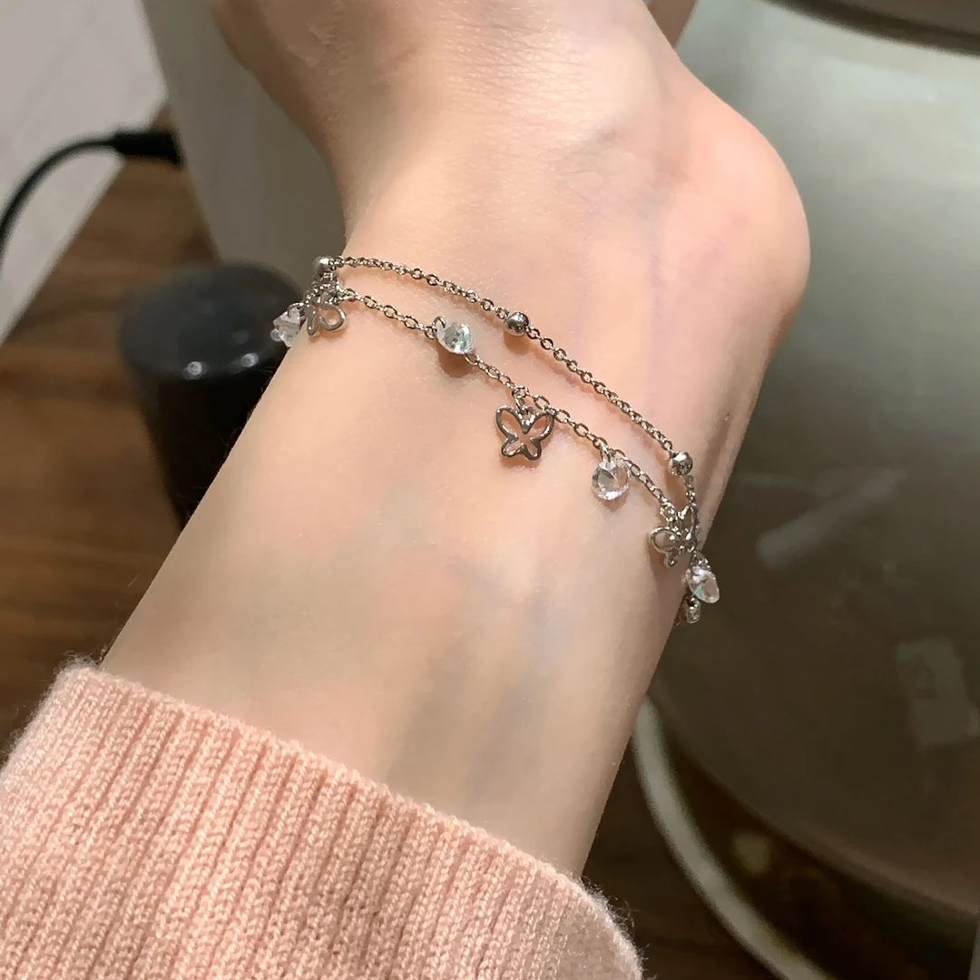 铜合金合成锆石手链 气质闪钻蝴蝶双层手链叠戴精致高级感手饰