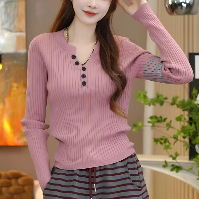 时尚百搭长袖毛衣针织衫女2025春秋新款设计感小众撞色打底上衣女