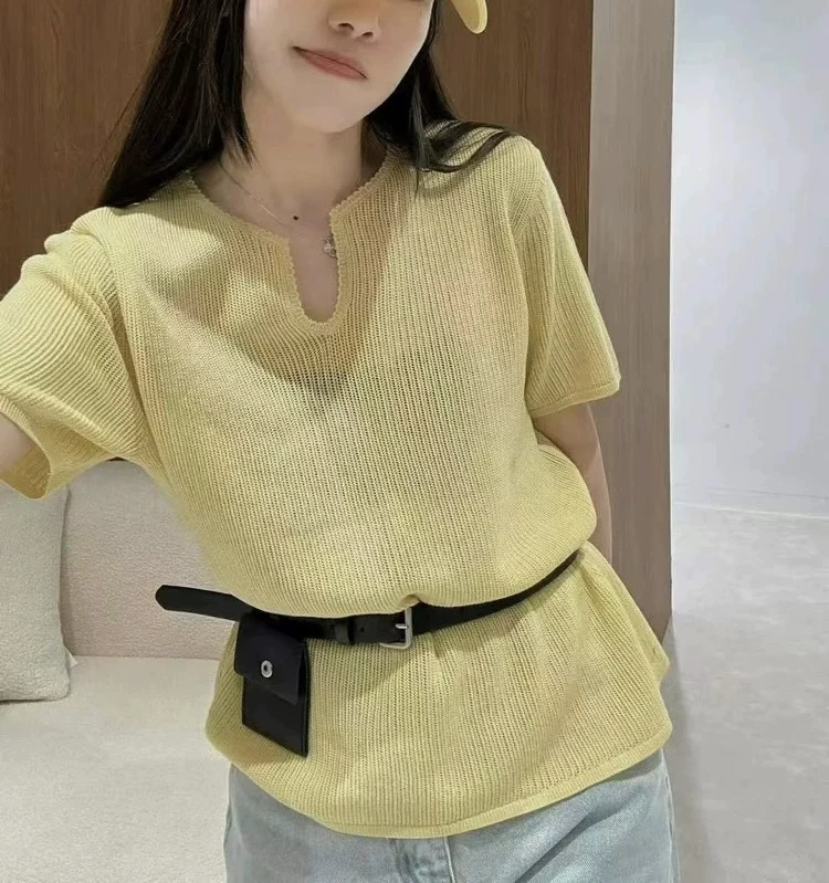 宽松女短袖V领韩版镂空华夫格刺绣针织衫女装防晒毛针织衫