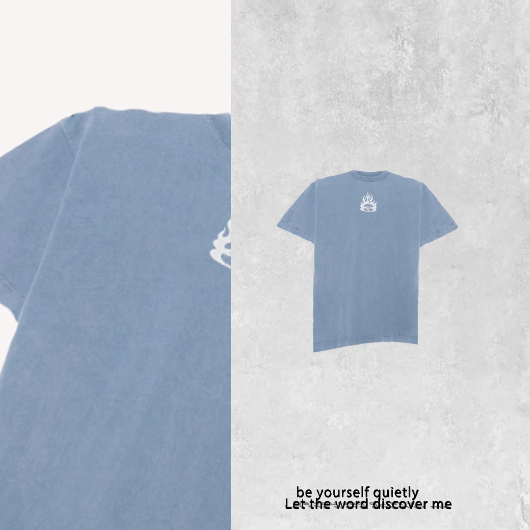 AAA蓝色火焰印花小标宽松男女同款磨毛短袖T恤 tx0745