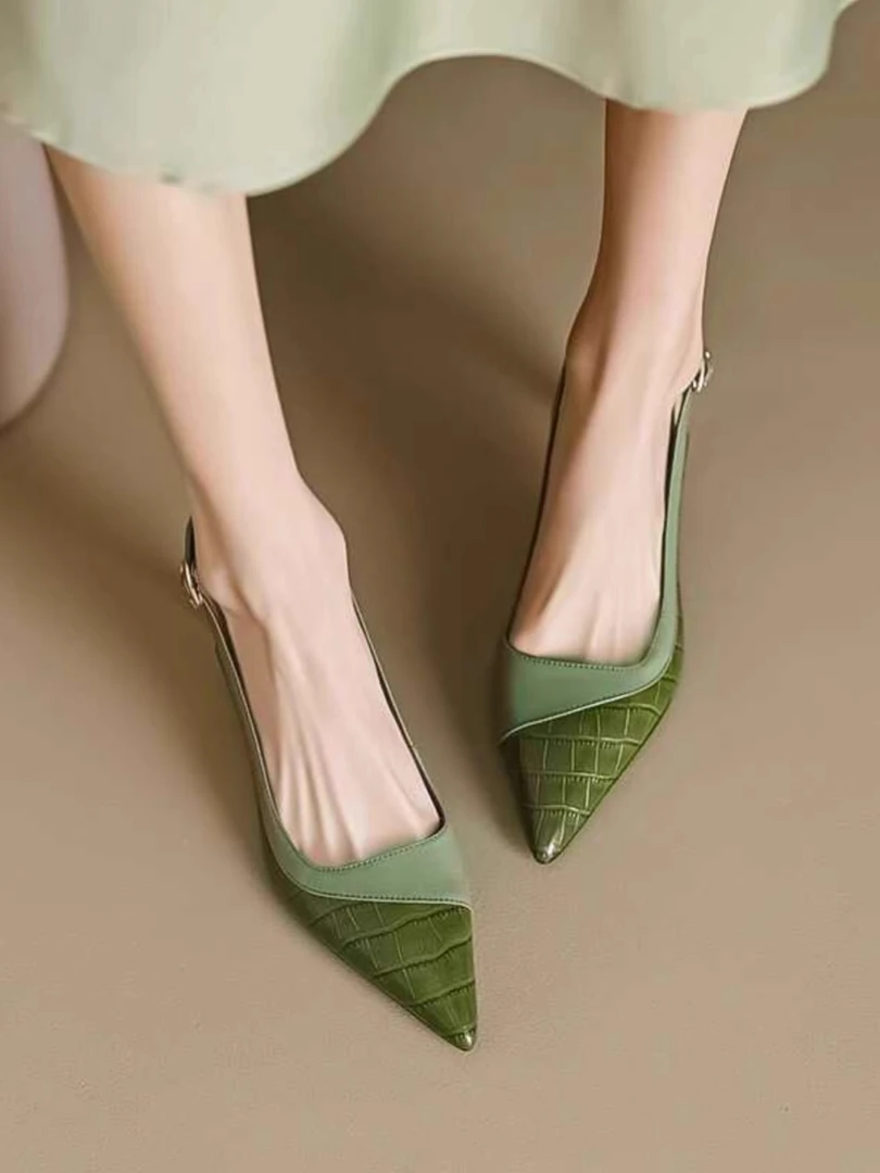 法式2025夏季新款尖头气质高跟鞋女真皮拼接细跟后空浅口单鞋女潮