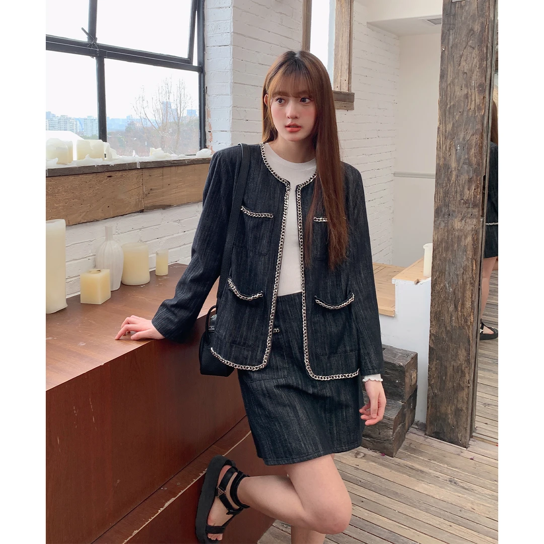 晶咕白标~暗纹牛仔链条小香风半裙套装女春季大码