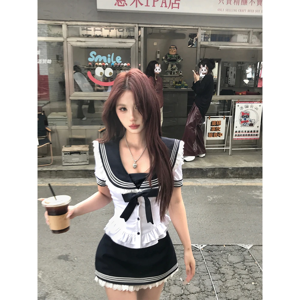 Mejiu蜜九【古早甜妹】海军领套装百搭上衣女春夏季辣妹显瘦学院风
