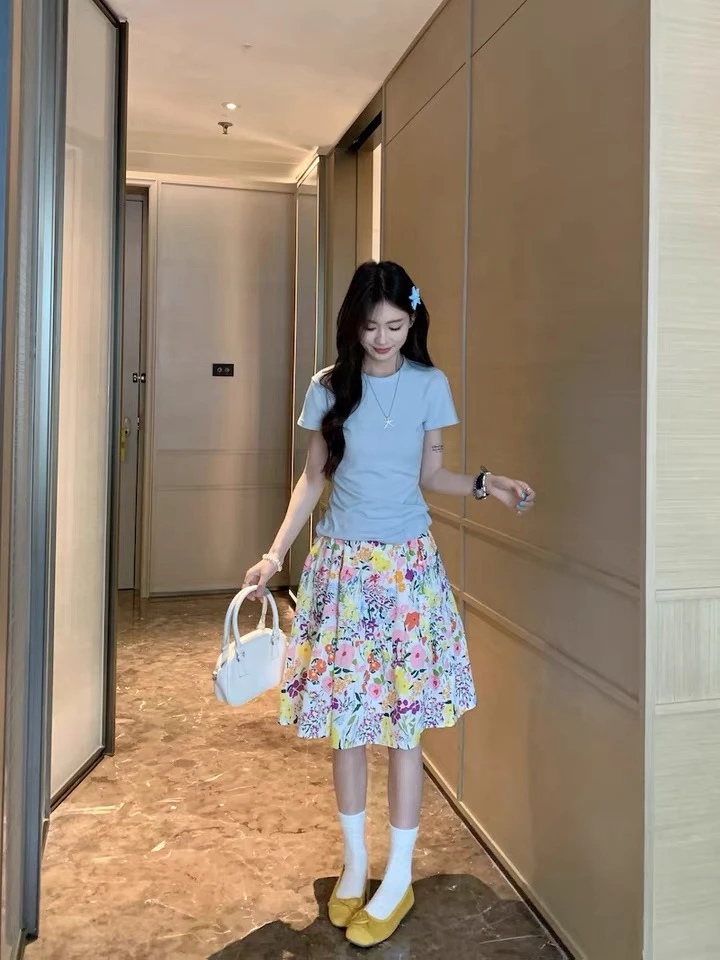 松紧腰纯棉彩色花卉半身裙