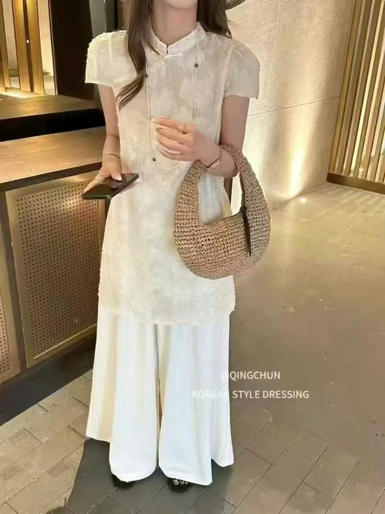 【8617】夏新中式国风提花改良旗袍中长开叉上衣高腰阔腿裤两件套