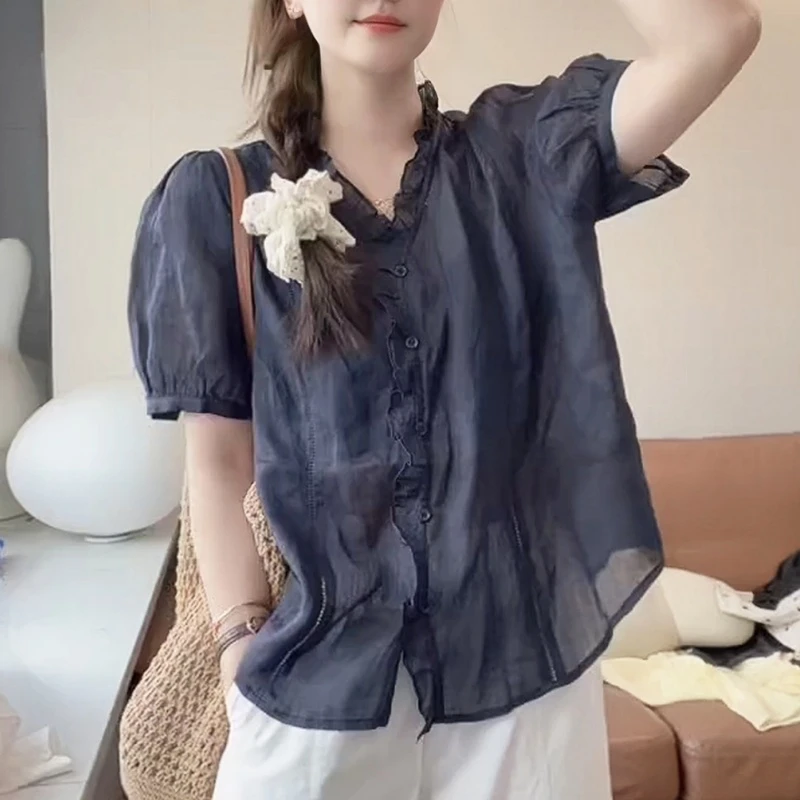 苎麻V领泡泡袖短袖衬衫女2025新款爆款夏季轻奢高级感时尚上衣女