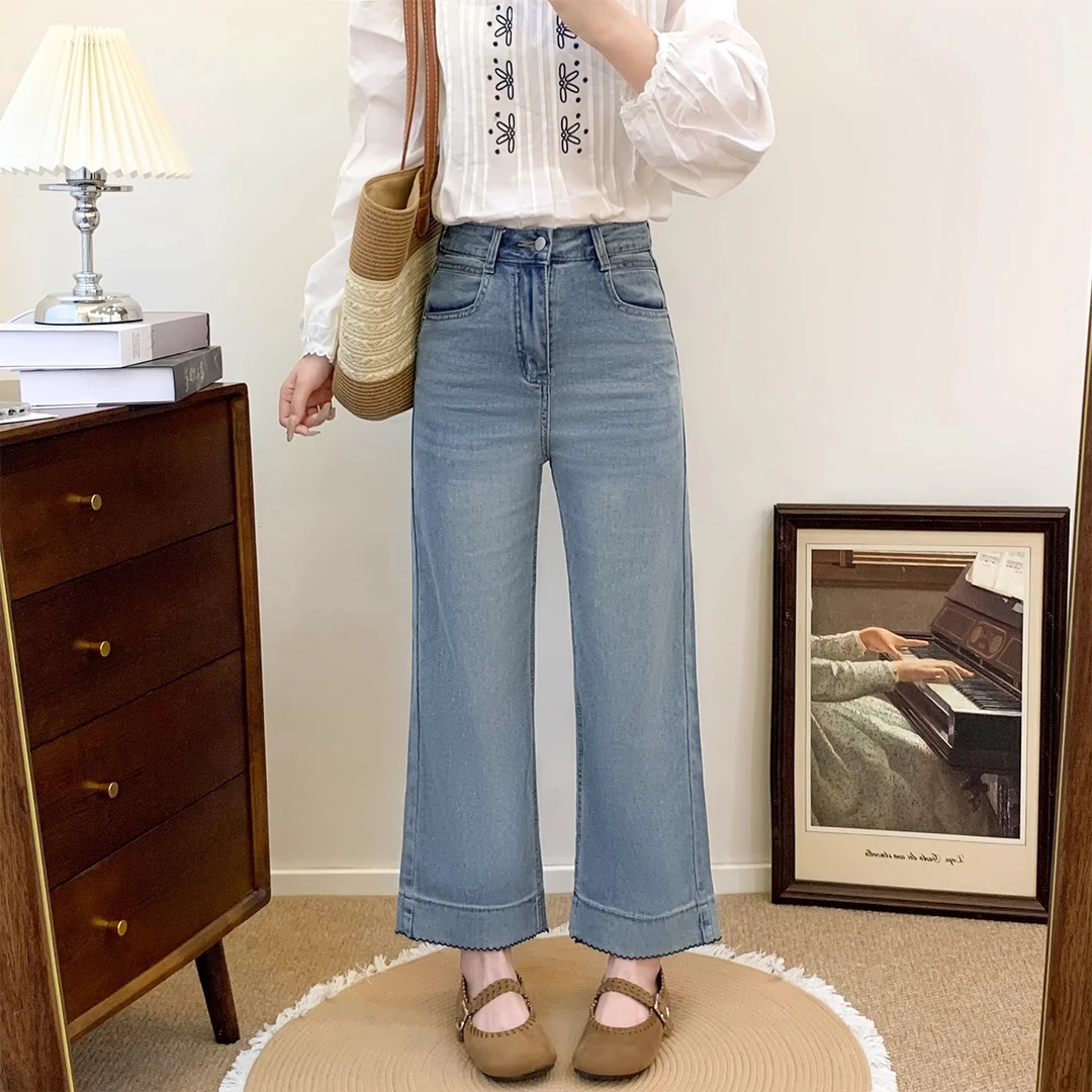 蓝色微喇牛仔裤女秋季新款微胖大码mm小个子弹力显瘦九分喇叭裤子