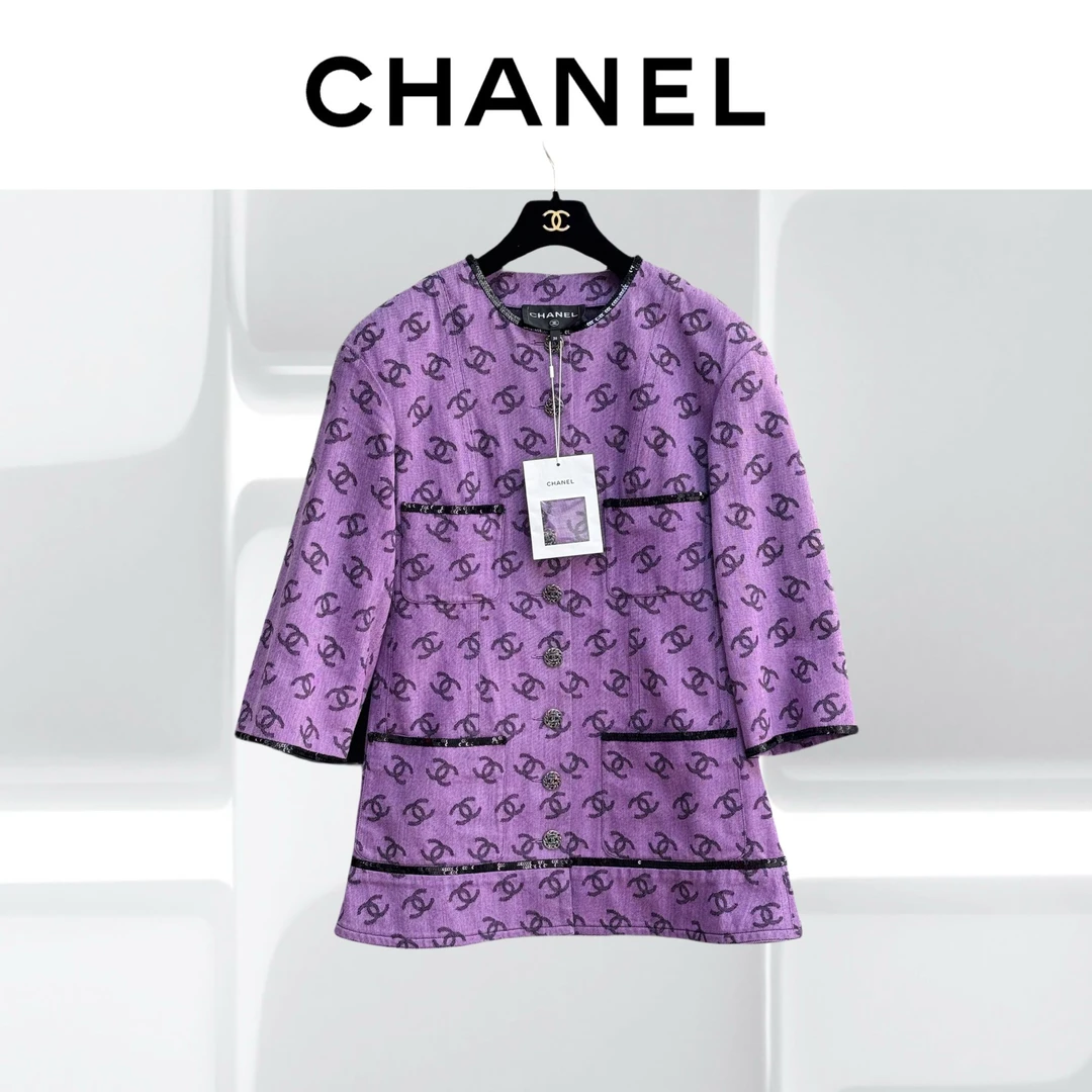 99新 Chanel/香奈儿 36码22S春夏亮片滚边紫色四口袋廓形外套