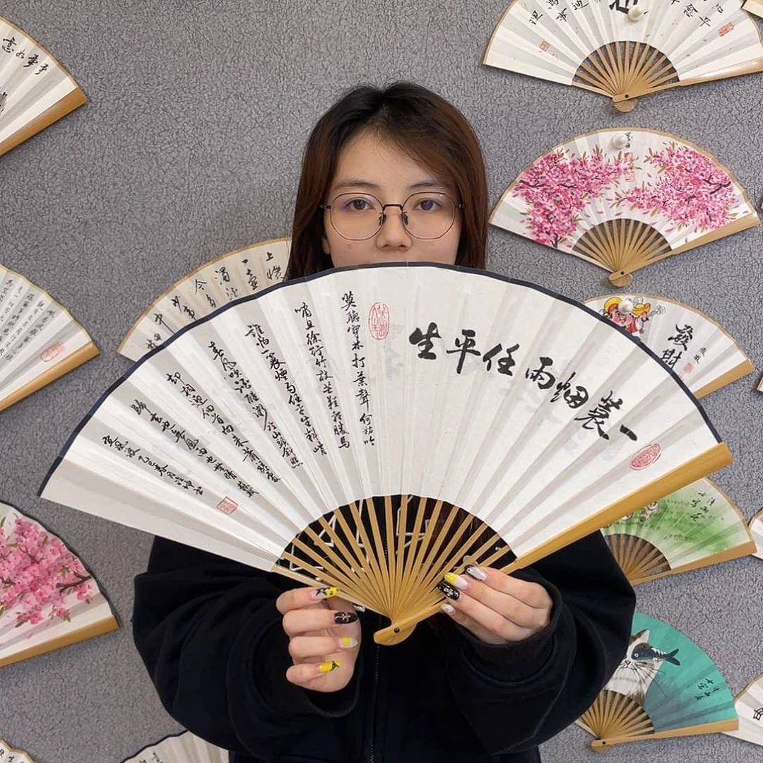 书法95寸玉竹-纯手绘-文玩扇骨（默认粘好）