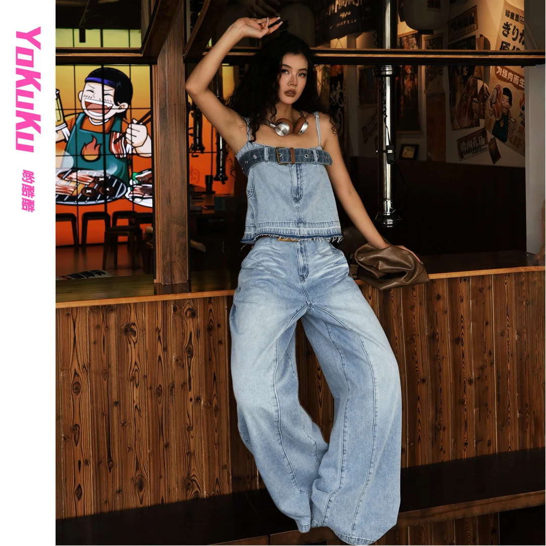 哟酷酷（流浪嬉皮士）美式复古小吊带配气眼腰带时尚休闲阔腿牛仔裤