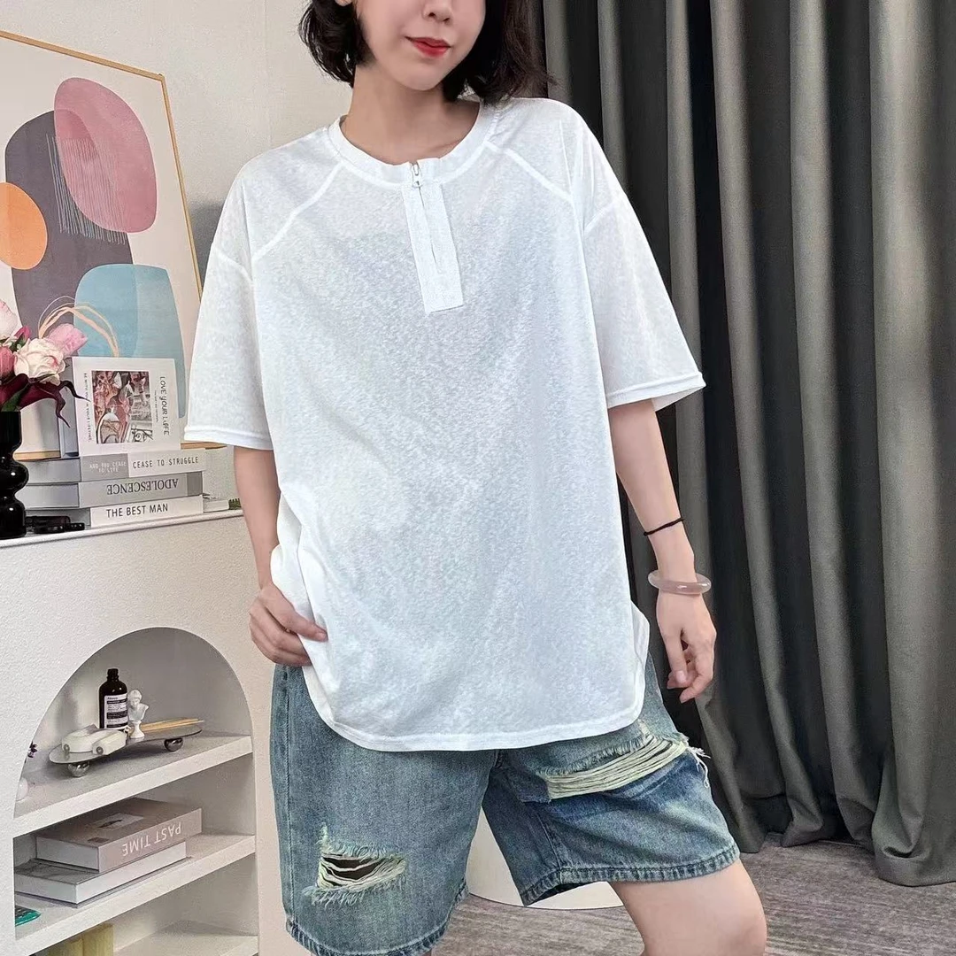 夏季新款纯色宽松版型拉链休闲圆领短袖T恤G1855