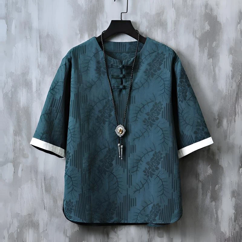 中国风男装提花短袖t恤男夏季新款复古居士服新中式唐装五分禅服