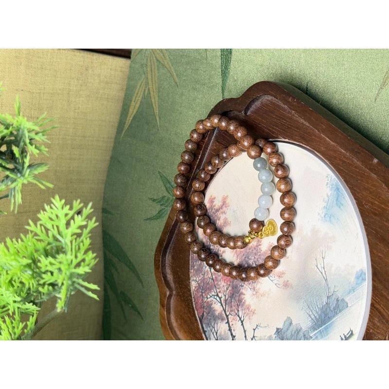 DA1140-金丝檀带玉色珠子金葫芦吊牌金丝檀