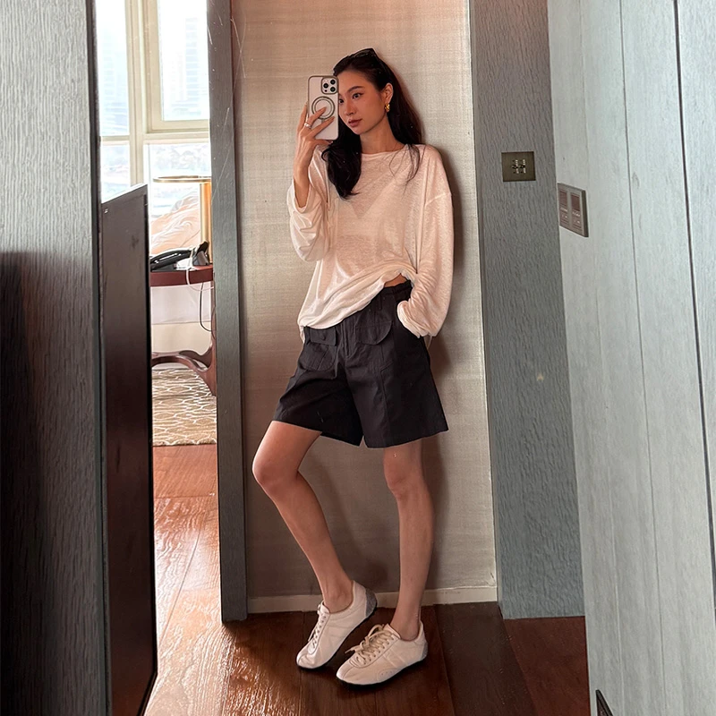 靠谱。【猪鼻扣小黑裤】新款麻感莼棉休闲显瘦工装短裤KP250366