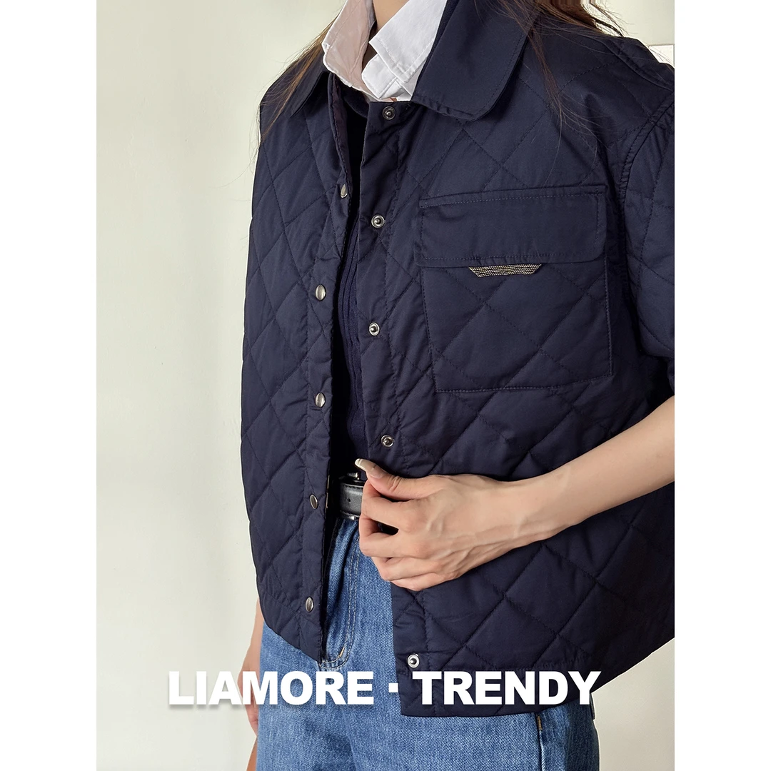 BC翻领短袖夹克外套女2025新品弹力棉镶珠细节宽松休闲保暖外套