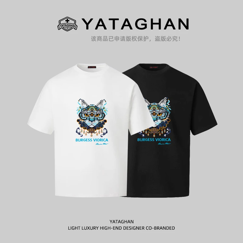 【蓝猫】夏季潮牌重磅纯棉刺绣圆领短袖T恤男宽松男女同款新半袖