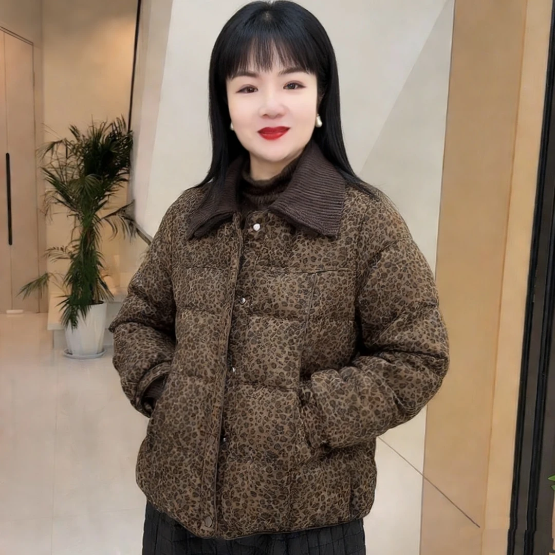 休闲时尚洋气豹纹立领加厚冬季保暖宽松显瘦妈妈棉服外套