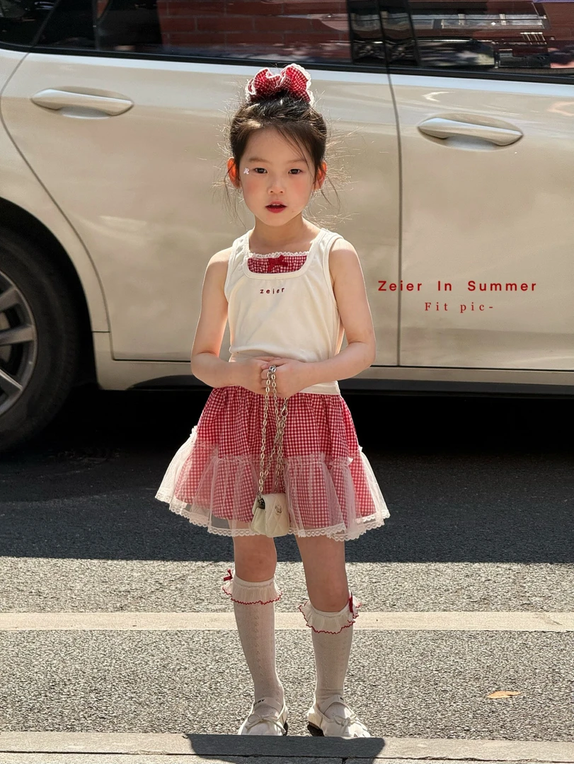 zeier正版女童夏季套装2025新款儿童多巴胺吊带背心红色半裙套装