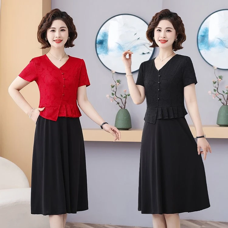 夏季显瘦洋气中长款裙子时尚中老年女装修身遮肚妈妈假两件连衣裙