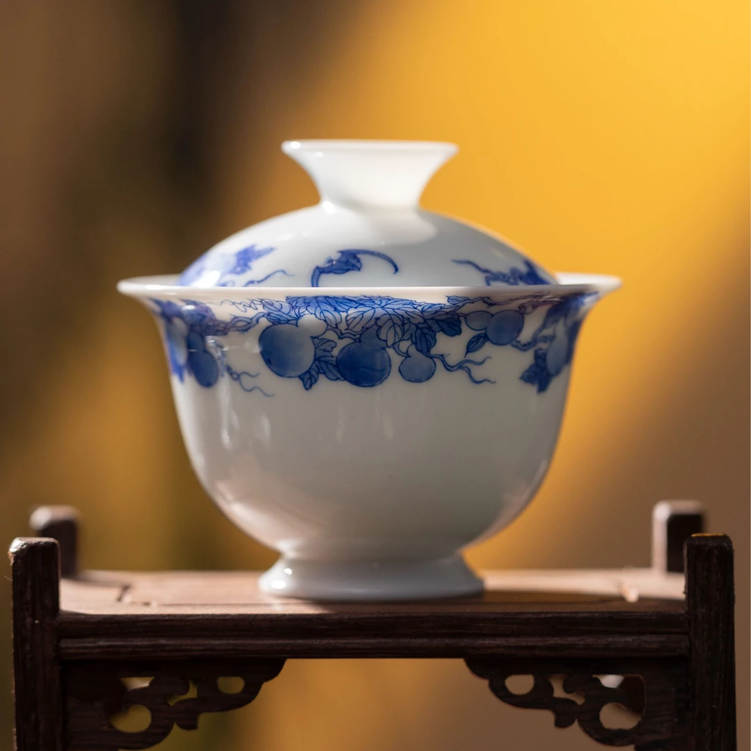 熊友根窑青花葫芦圈纹福禄元宝二才盖碗景德镇手工手绘清雅盖碗