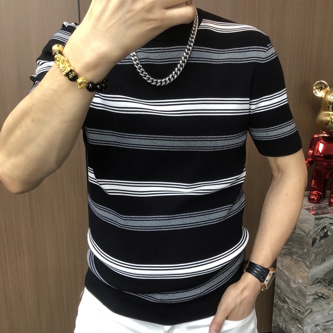 （秋冬新款）高端针织衫条纹圆领针织提打底衫老钱风短袖长袖T恤