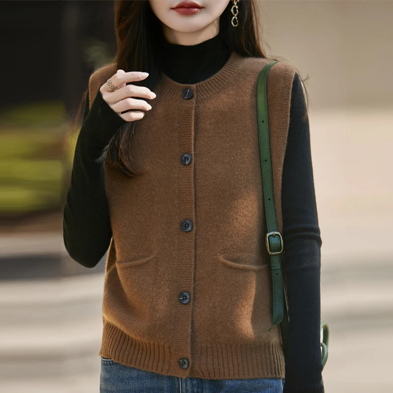 常规田园风纯色女士百搭风朋克风马夹休闲宽松纯羊毛秋冬上衣马甲