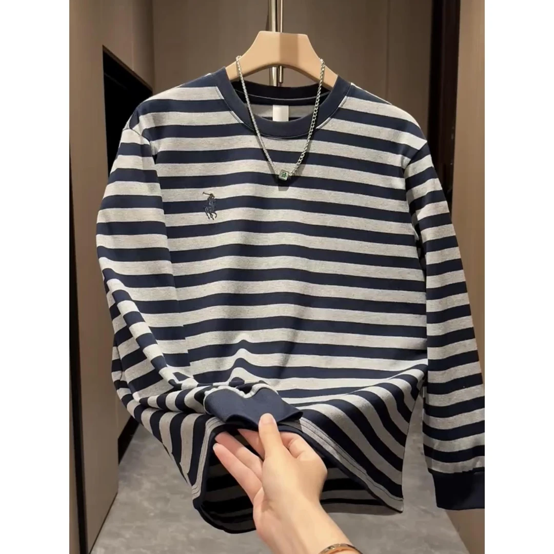 灏吉弧秋季新款高端条纹长袖T恤圆领卫衣时尚百搭帅气打底衫男